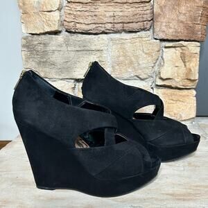 Jessica Simpson Meek Black Kidsuede Platform Wedges Gold Zipper Back Size 8M